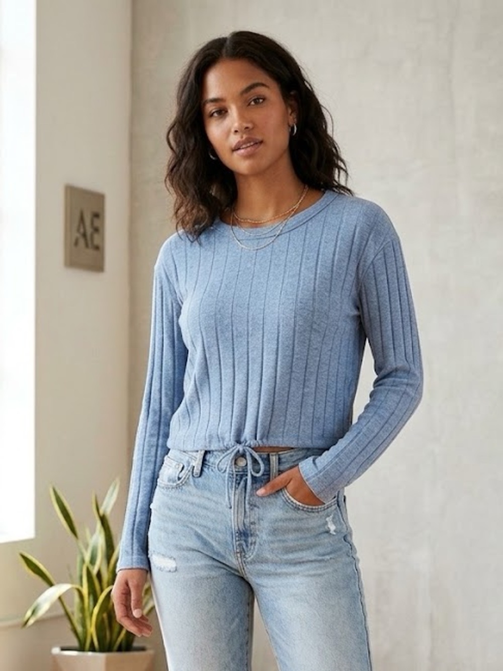 American Eagle Outfitters Light Blue ribbed long-sleeve cropped cinch-hem Top